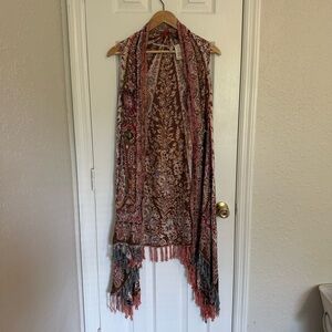 Soft Surroundings Floral Fringe Embroidered Vest Kimono Cover Boho Red One Size